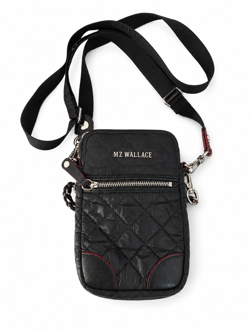 MZ WALLACE Black Quilted Crossbody Messenger Bag with Silver Hardware